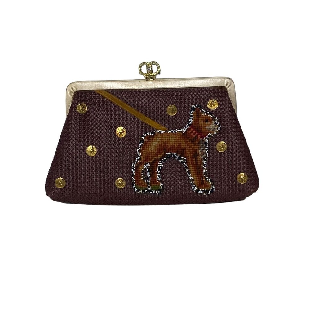 Vintage Jolles Original Needlepoint Brown Purse With Dog Motif & Gold-Tone Clasp